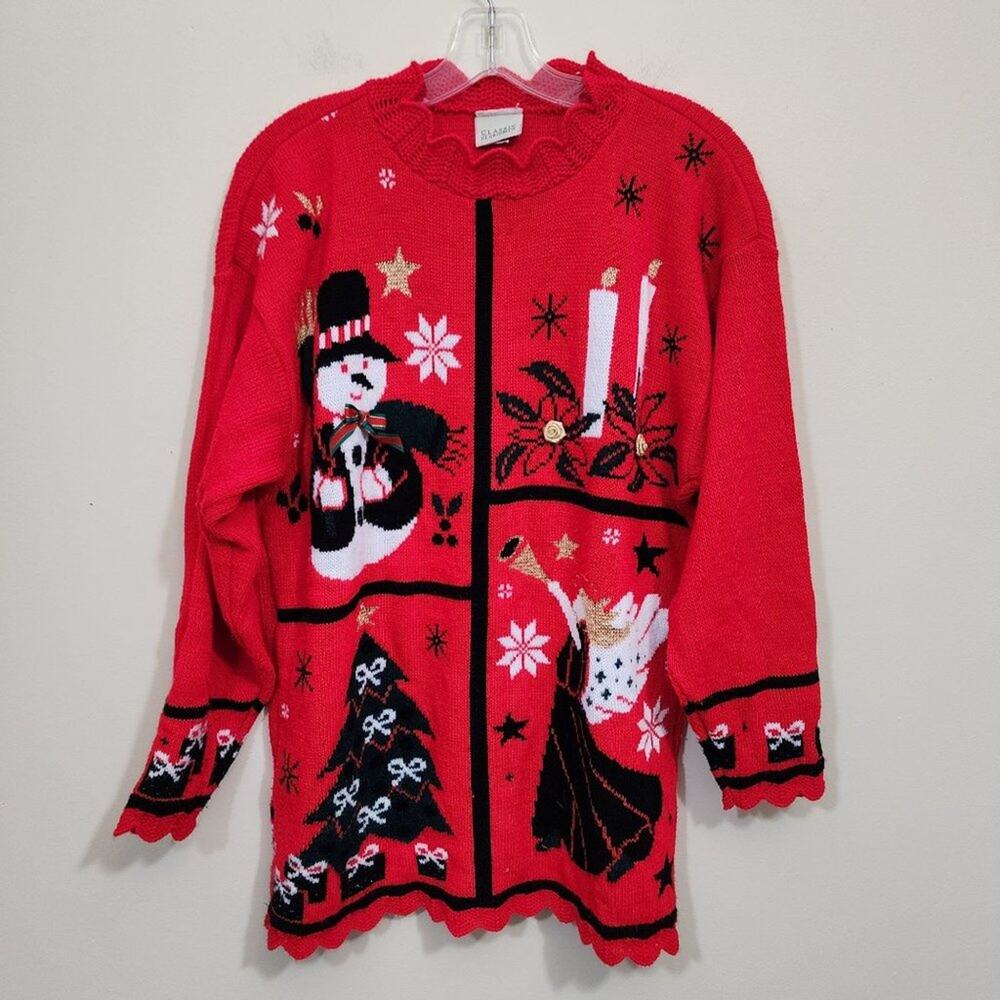 Vintage Classic Elements snowman, angel, tree and candles Christmas sweater Lrg